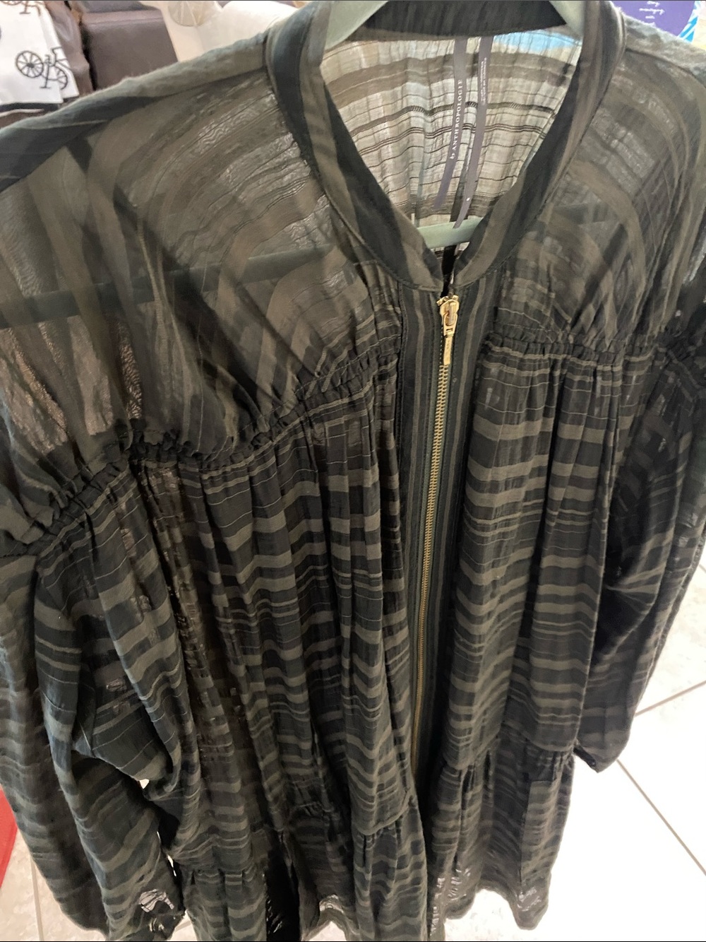 Anthropologie Olive Green Black Oversized Striped Sheer Zip Dress w/Liner Sz S